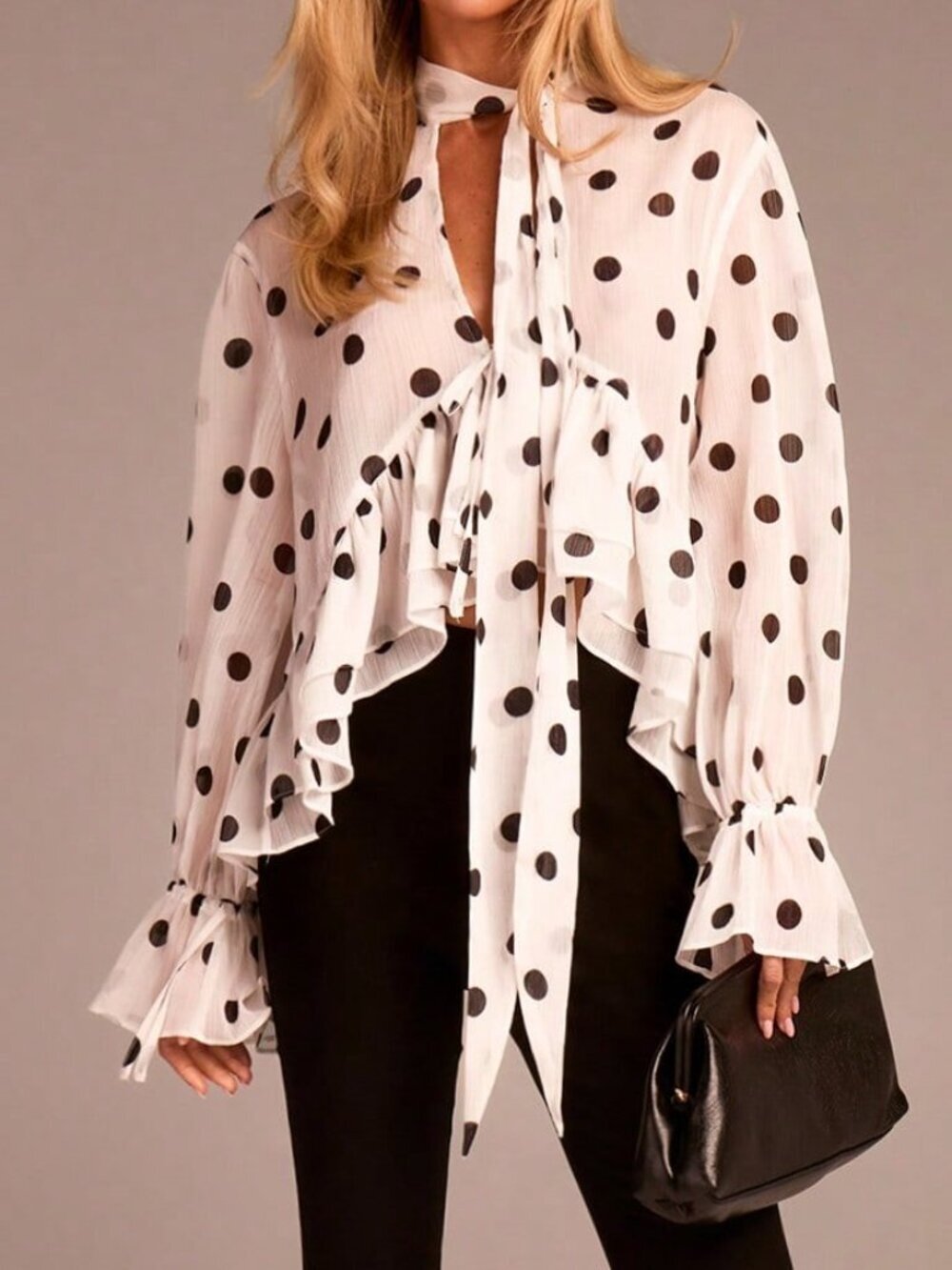 Black And White Elegant Women's Long Sleeve Tie-Waist Ruffle Polka Dot Blouse